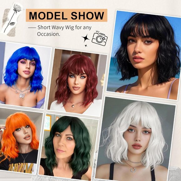 Women's 415 Short Wavy Hair Pastel Bob Shoulder Length Synthetic Hair Wigs - Picture 6 of 6